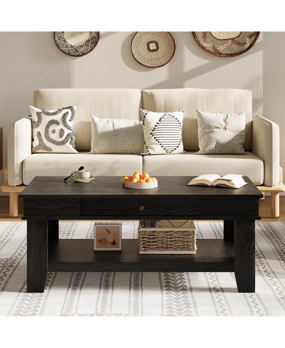 Homfan Coffee Table Center with Drawer and Storage Shelf, Large Tables Living Room, Sturdy Easy to Clean