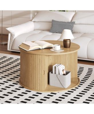 28" Round Coffee Table with Storage, Mid Century Modern Fluted Accent Table with  Sliding Tambour Door for Living Room