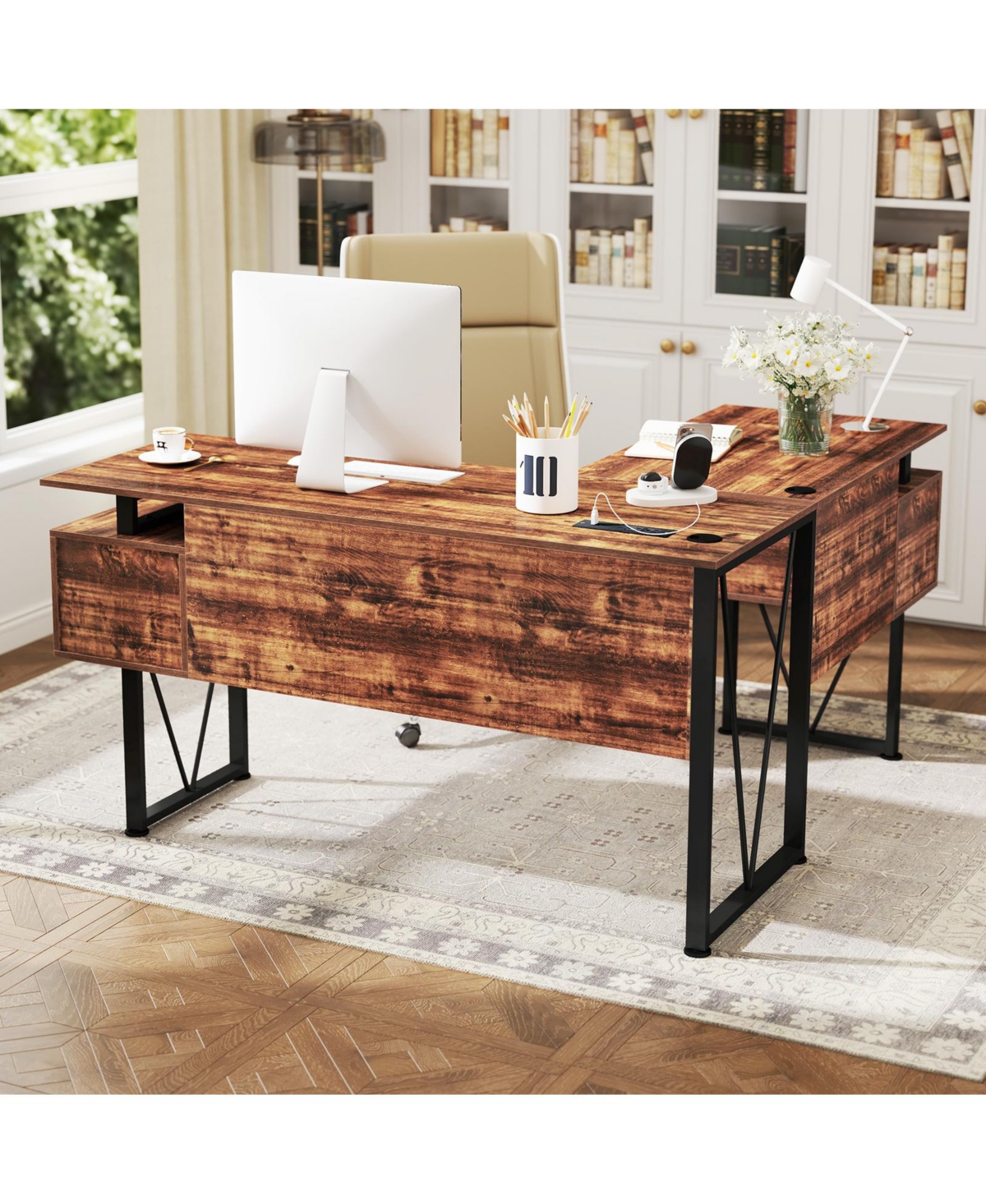 Gouun L-Shaped Desk with Power Outlets and 3 Drawers