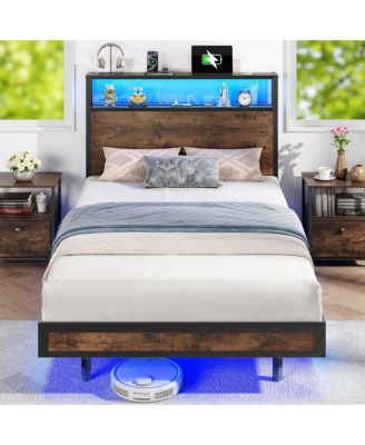 Bed Frame With Led Lights, Industrial Platform Bed With Charging Station