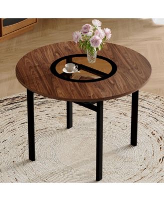 42" Round Dining Table with Wood-Grain MDF Top and Glass Inlay, Minimalist Table with Storage Shelf for Small Spaces