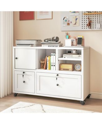 Metal Filing Cabinet with Lock, 2-Drawer File Cabinet with Open Storage Shelves and Full-Extension Slides, Holds A4/Legal/Letter Files