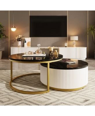 Modern Round Nesting Coffee Table Set, Center Table with Drawers, Decorated with Grooves for Living Room and Home Office