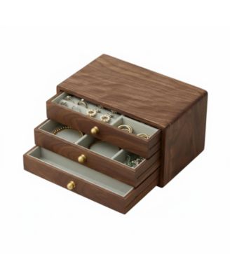 Solid Black Walnut Jewelry Organizer Box 3 Drawers Velvet Lined Brass Handles Large Storage