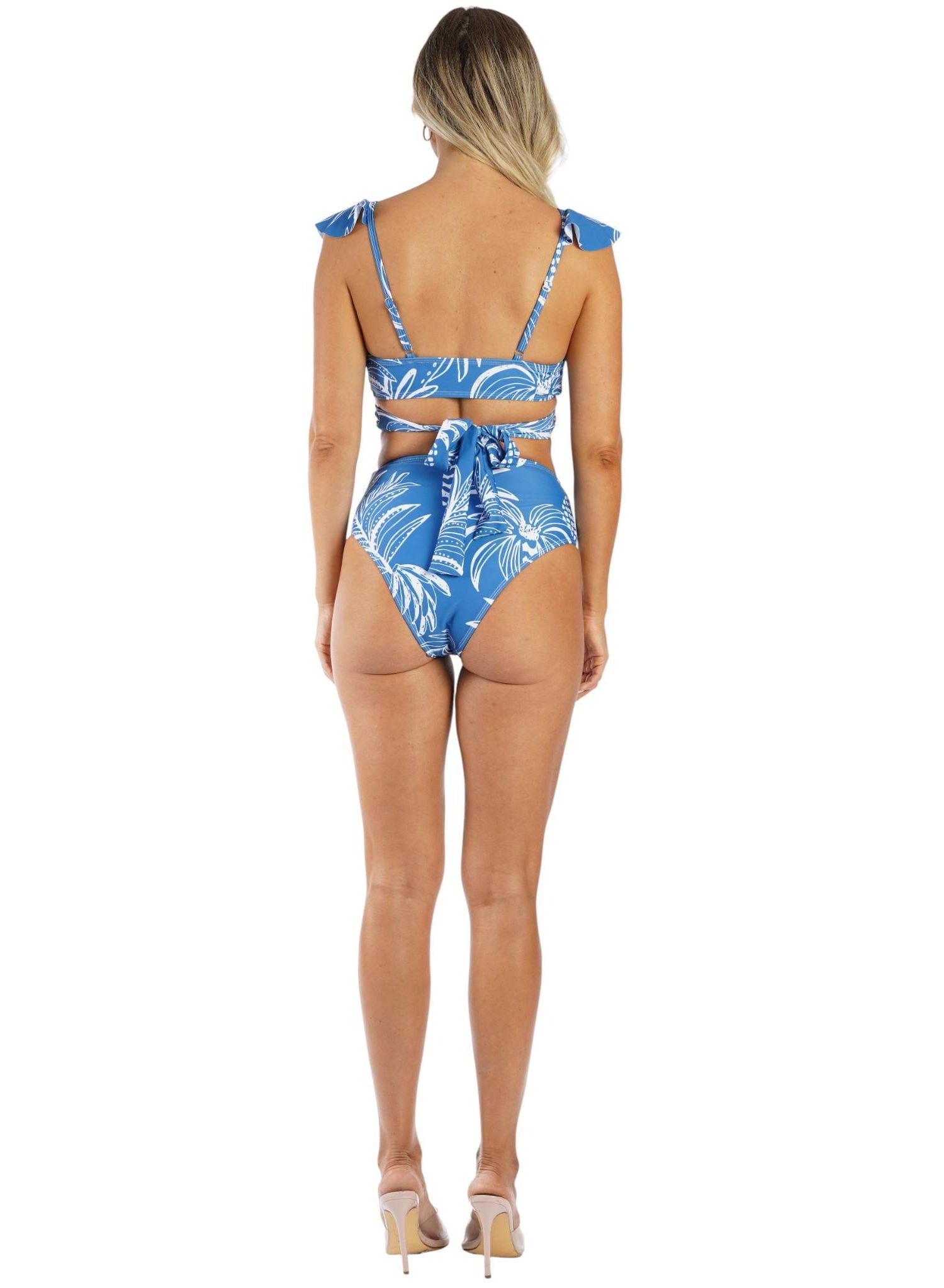 Women's Blue Tropical Ruffle Bikini Set - V-Neck Wrap Top and High-Waisted Bottom Luxury Resort Swimwear