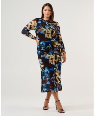 Plus Size Cleo Floral Mesh Ruched Bodycon Midi Dress