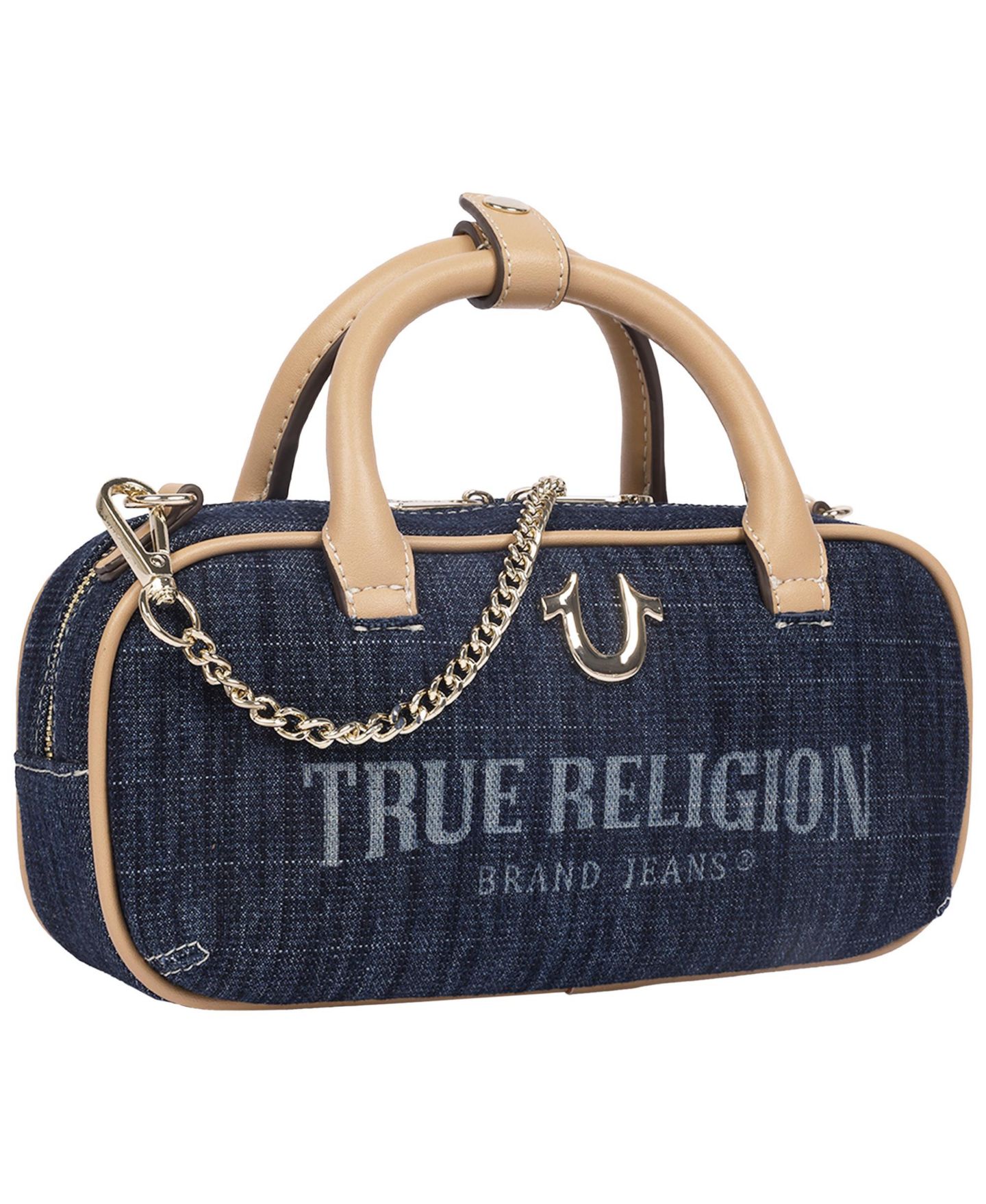 Женская сумка True Religion Bentley Denim and PU Mini Satchel - Top Handle Crossbody Handbag with Chain Detail, цвет: Рыжевато-коричневый — фото 2