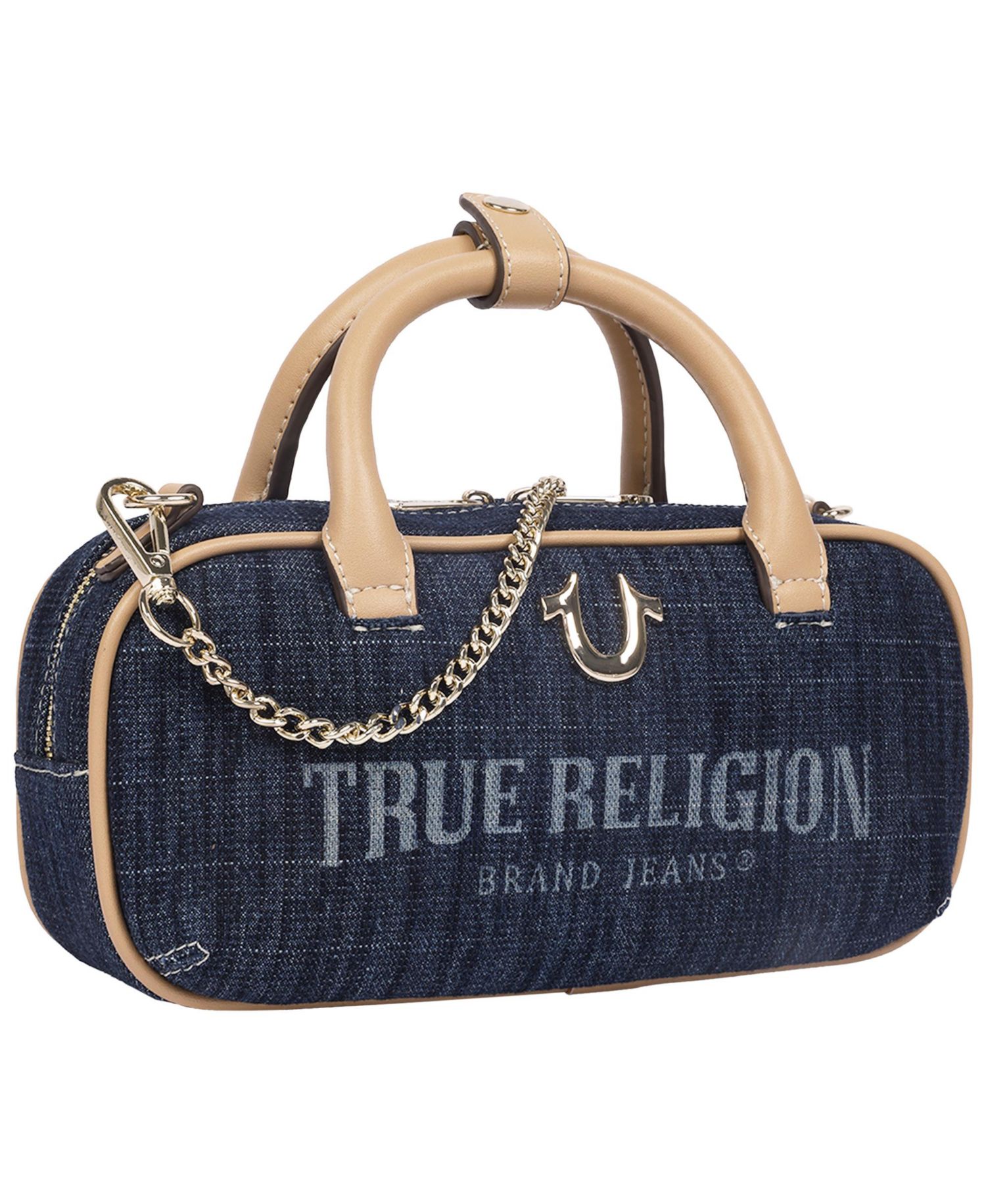 Bentley Denim and PU Mini Satchel - Women s Top Handle Crossbody Handbag with Chain Detail