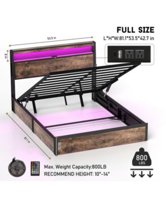 Full Size Rustic Hydraulic Lift Storage Bed Frame - Metal Noise-Free Structure + RGB LED