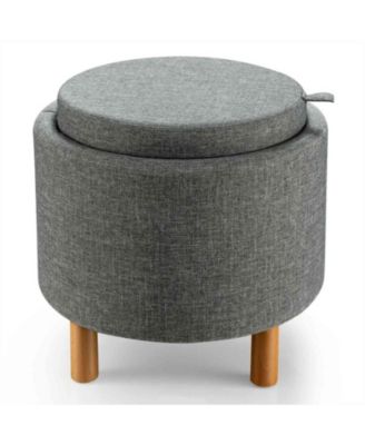 Round Fabric Storage Ottoman with Removable Tray Lid and Wood Legs