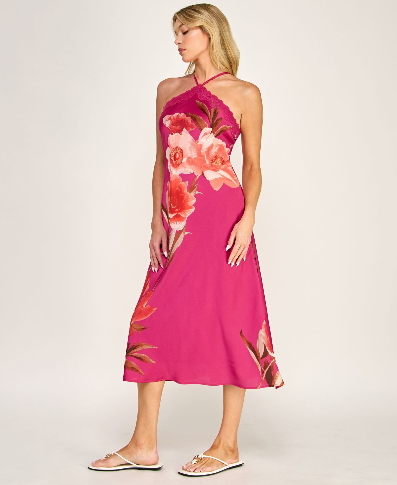 Women's Printed Halter Neck Scallop Trim Midi Dress
