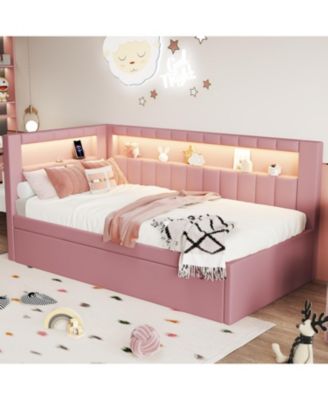 Upholstered Daybed with Trundle, Built-in USB Ports and LED, L-Shaped Day Bed, for Bedroom Living Room