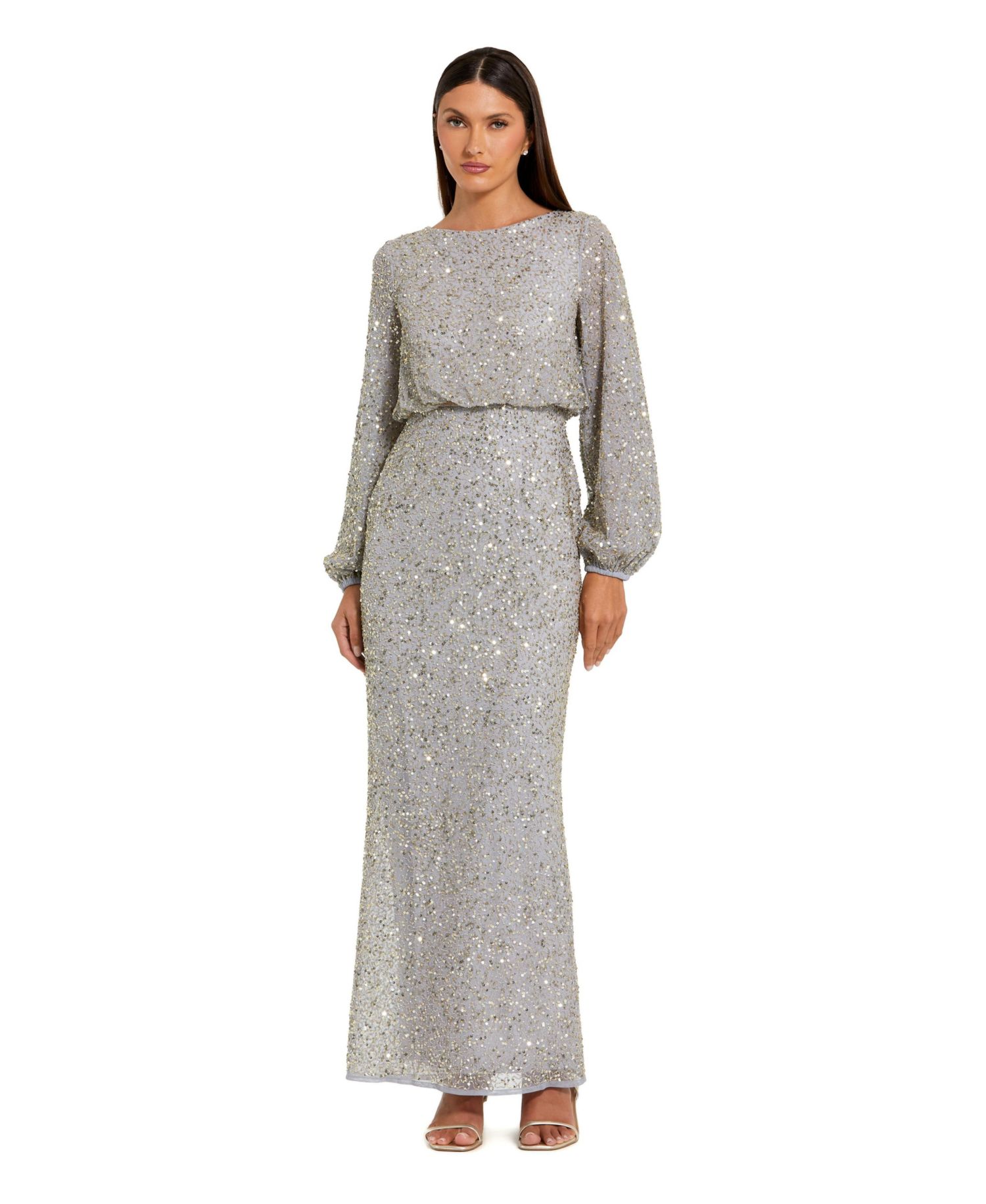 Women's Beaded Mesh Blouson Sleeve Evening Gown