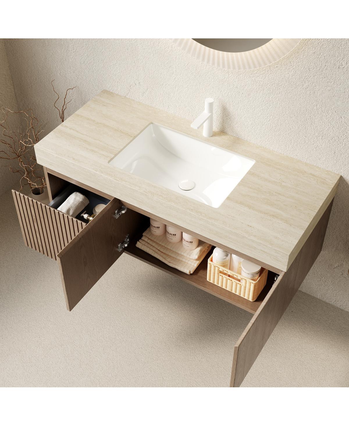 Sillysis Wall Mount Bathroom Vanity with Travertine Sintered Stone Top, Ceramic Undermount Sink, Soft Close Cabinet