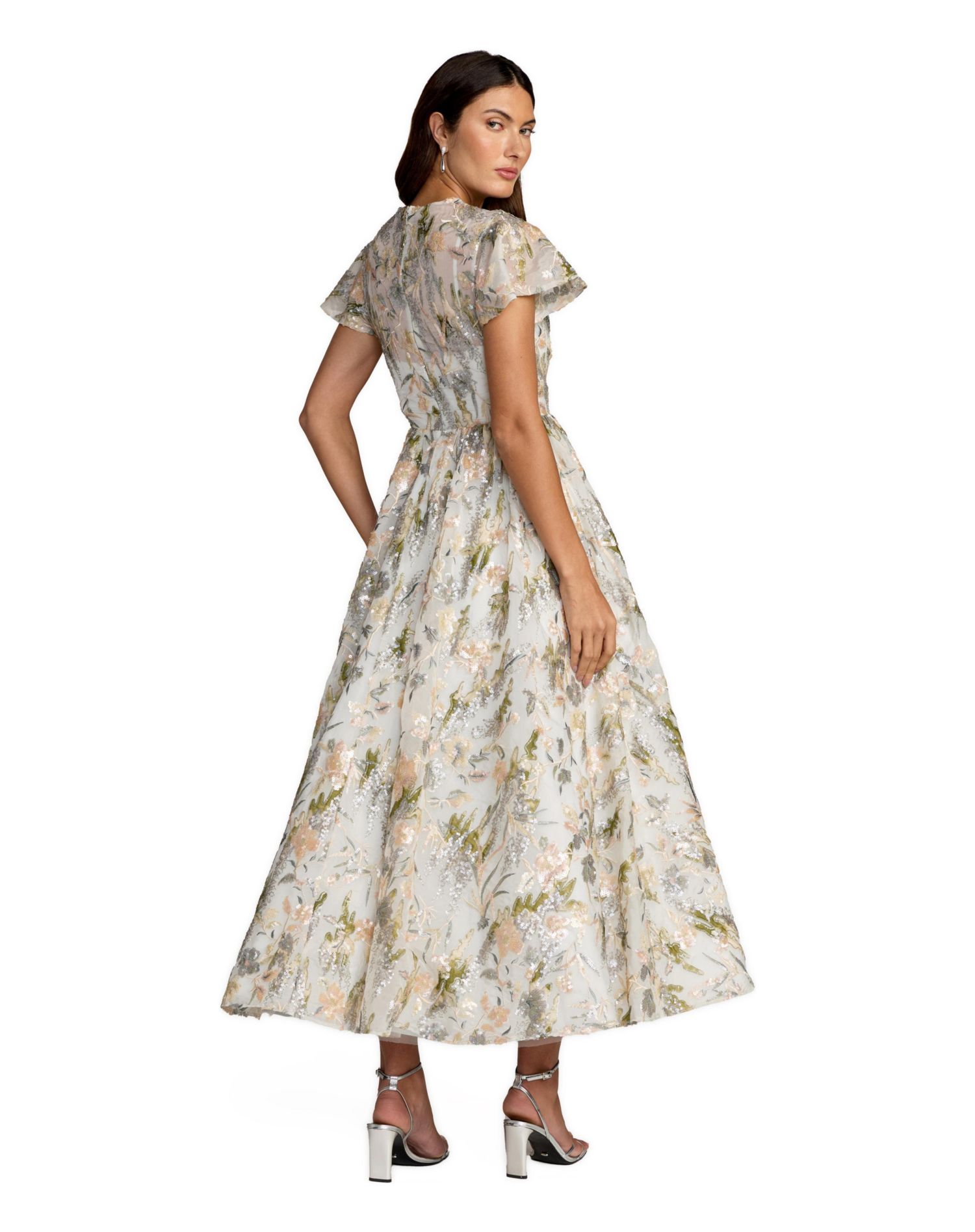 Women's Multicolor Flutter Sleeve Sequin A-Line Midi Dress