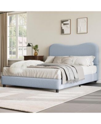 Boucle Bed Frame with Upholstered Headboard, Soft Low Profile Sturdy Platform Bed with Rounded Corners Design