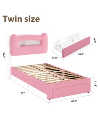 Upholstered Bed Frame with Storage Headboard, LED Lights, Charging Station and Drawer