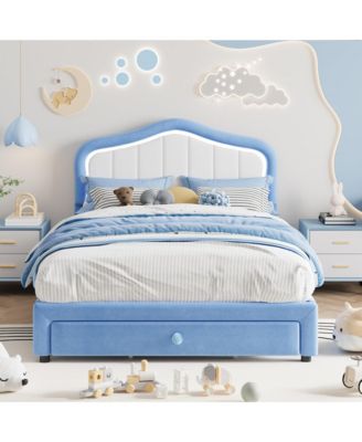 Upholstered Bed Frame with Storage Drawer and LED Headboard, Wood Slats, No Box Spring Needed