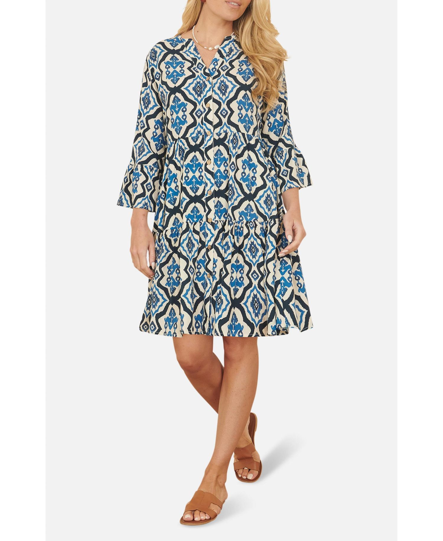 Women's Ikat Print 3/4 Sleeve Tunic Dress