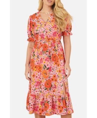 Women's Short Sleeve V-Neck Printed Midi Dress
