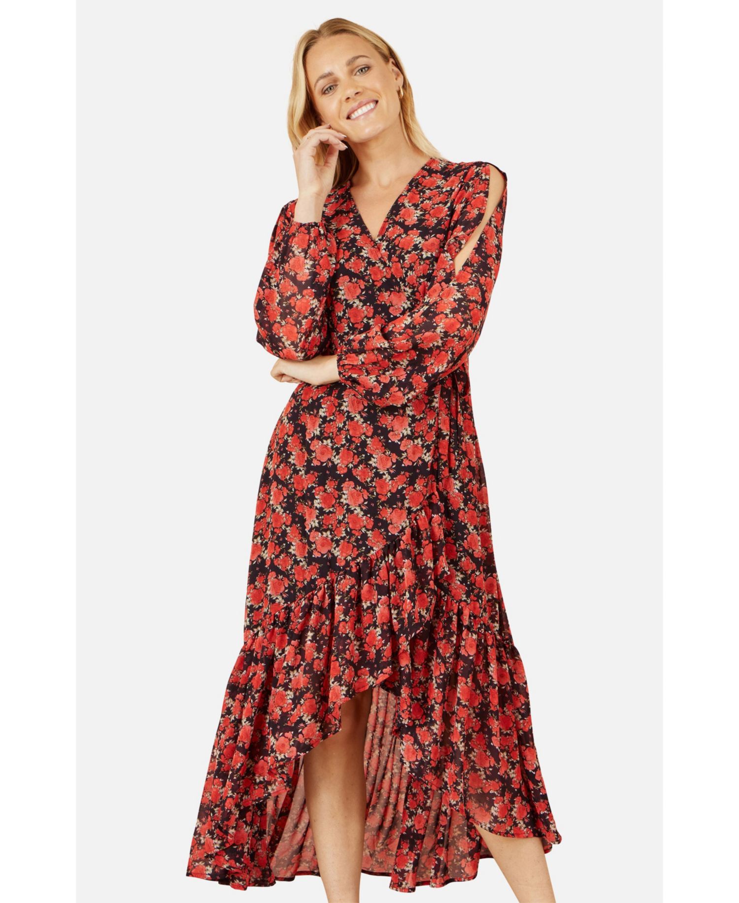 Women's Rose Print Dipped Hemline Midi Dress