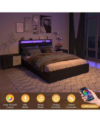 Queen Bed Frame, Storage Headboard with Charging Station, Solid and Stable, Noise Free