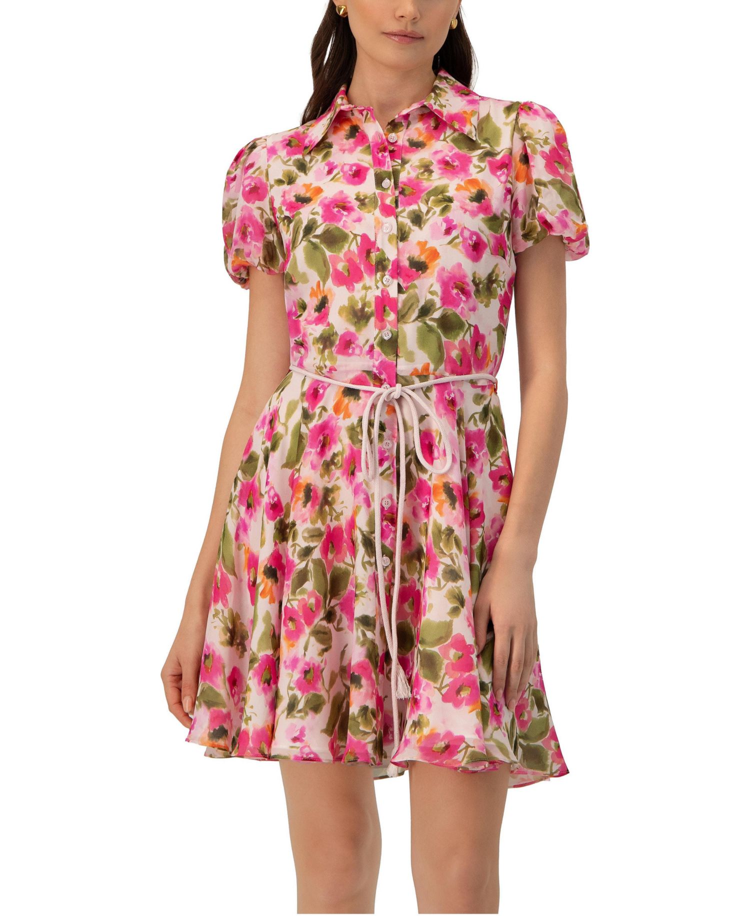 Women's Short Floral Shirt Dress with Waist Tie