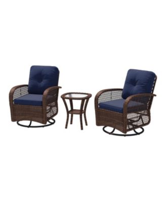 Indoor Swivel Glider Chair 3 Piece Set Wicker Rattan Living Room Furniture with Glass Top Side Table