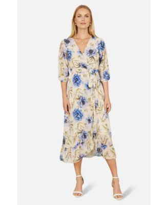 Women's 3/4 Sleeve V-Neck Wrap Midi Dress