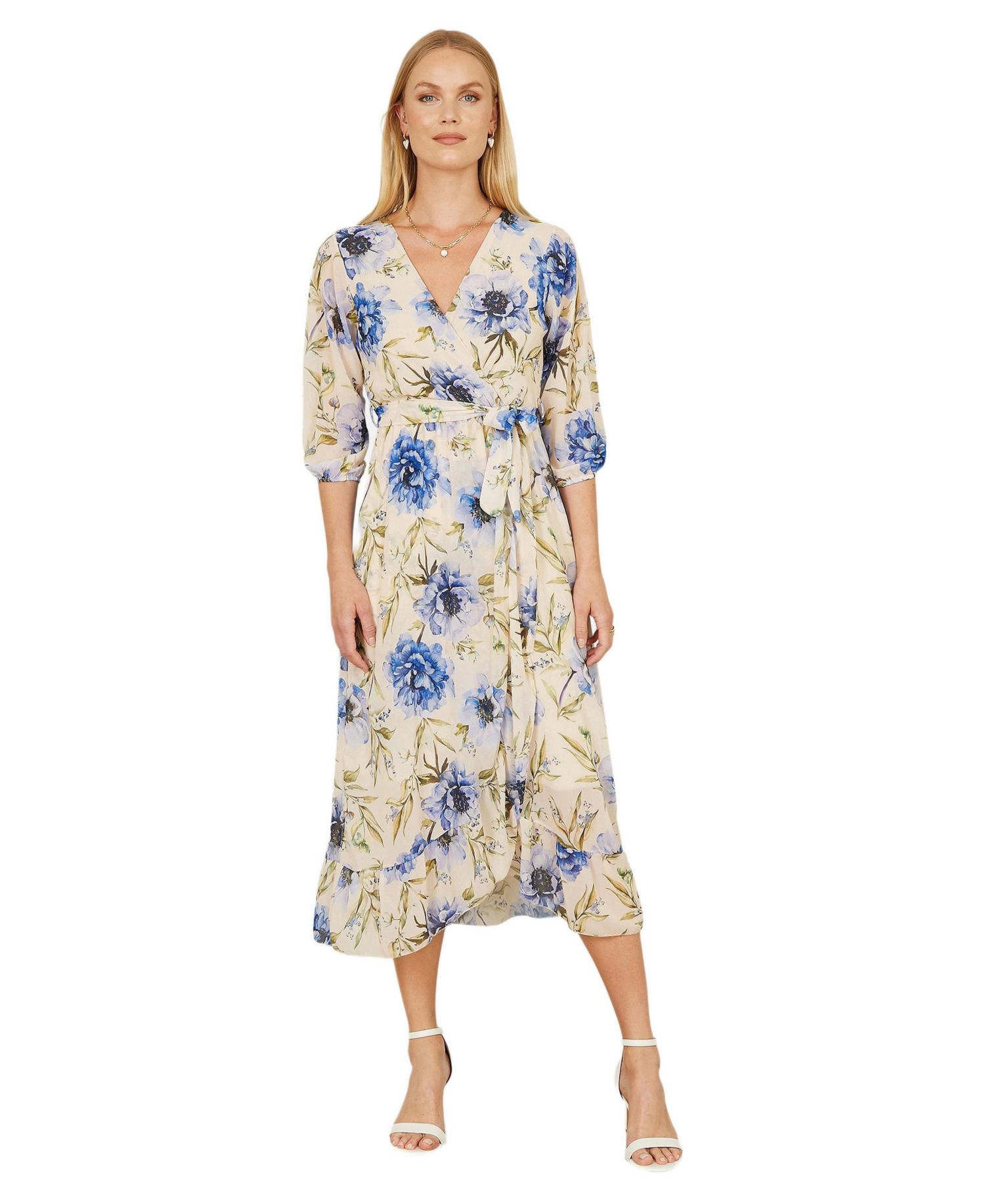 Women's 3/4 Sleeve V-Neck Wrap Midi Dress