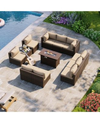 12 Piece Outdoor Wicker Patio Conversation Set with 44 Propane Fire Pit Table and Cushions