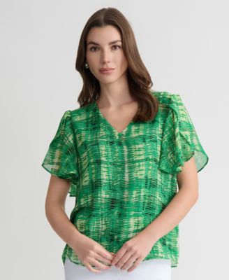 Women's Plaid Tulip-Sleeve Blouse