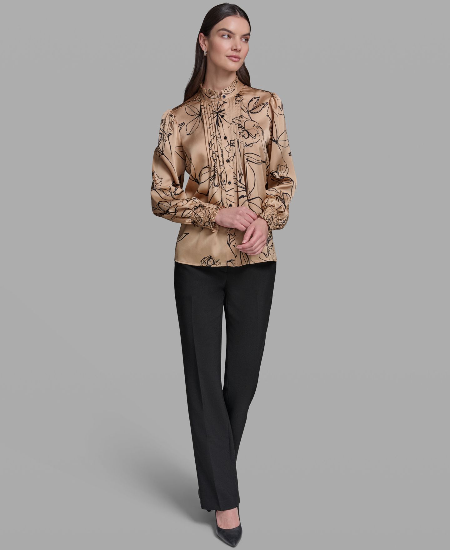 Женская блузка KARL LAGERFELD PARIS Floral Long-Sleeve Mock Neck Blouse, цвет: Полуночный тёмно-синий — фото 4