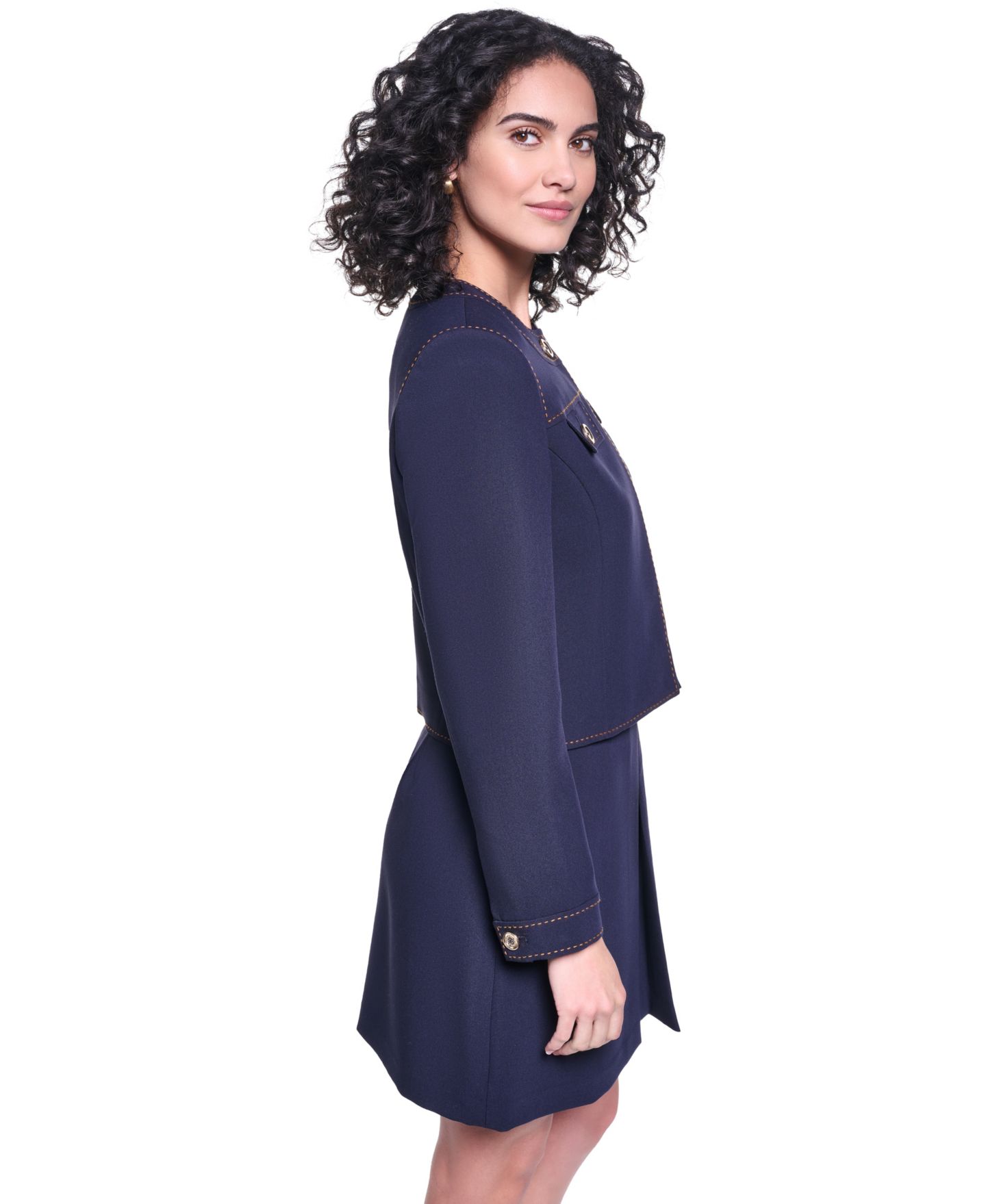 Женская куртка KARL LAGERFELD PARIS Twill Contrast Stitch Round Neck Cropped Jacket, цвет: Тёмно-синий / Сиена — фото 3