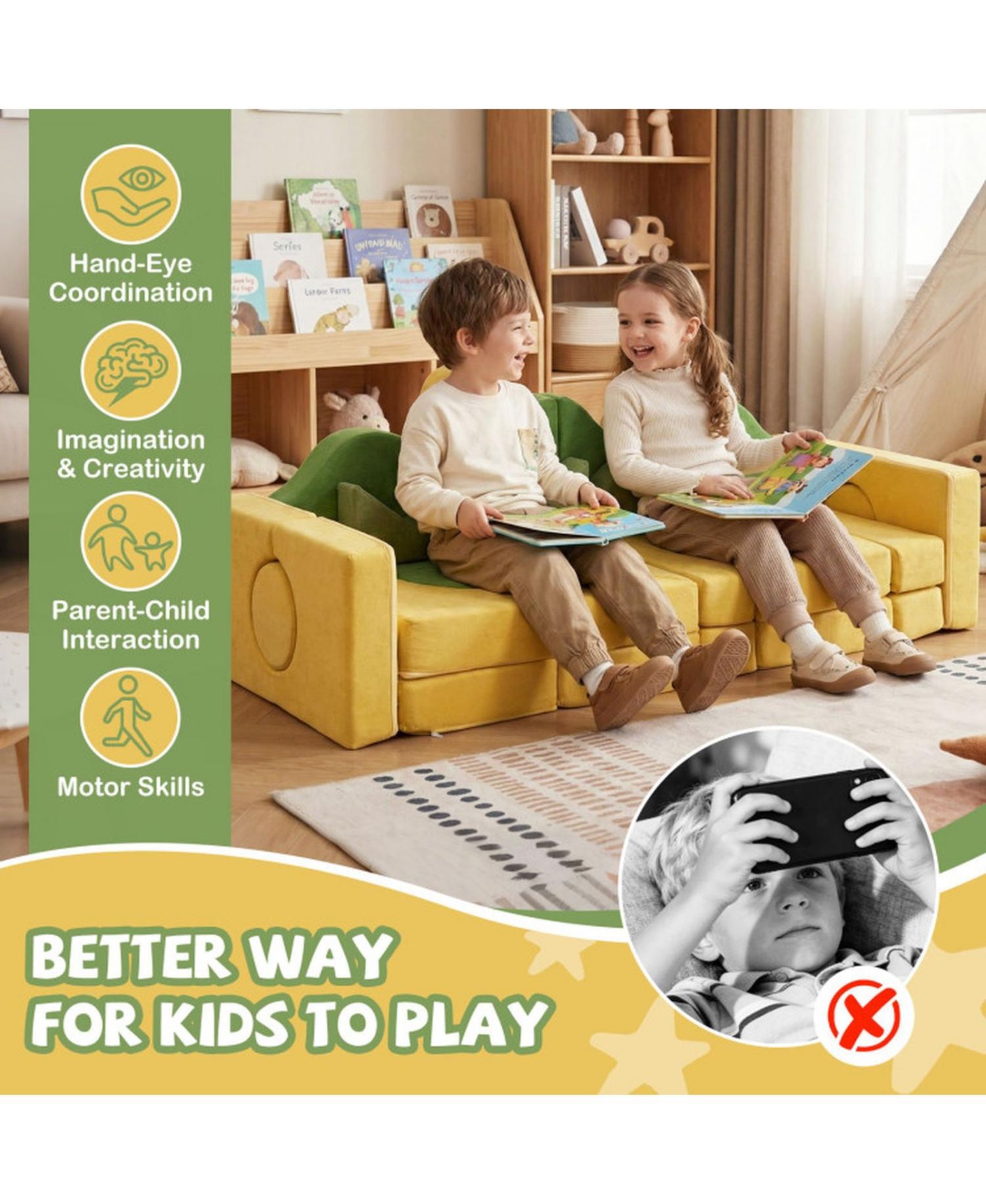 19-Piece Convertible Velvet Foam Play Couch for Toddlers