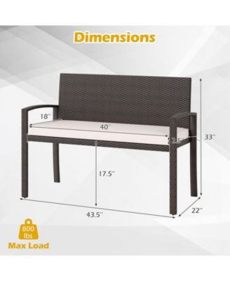 Wicker 2-Seat Bench with Soft Seat Cushion and Metal Frame