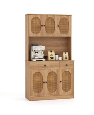 71 in Pantry Cabinet with PE Rattan Doors, Hutch and Built-In Charging Station