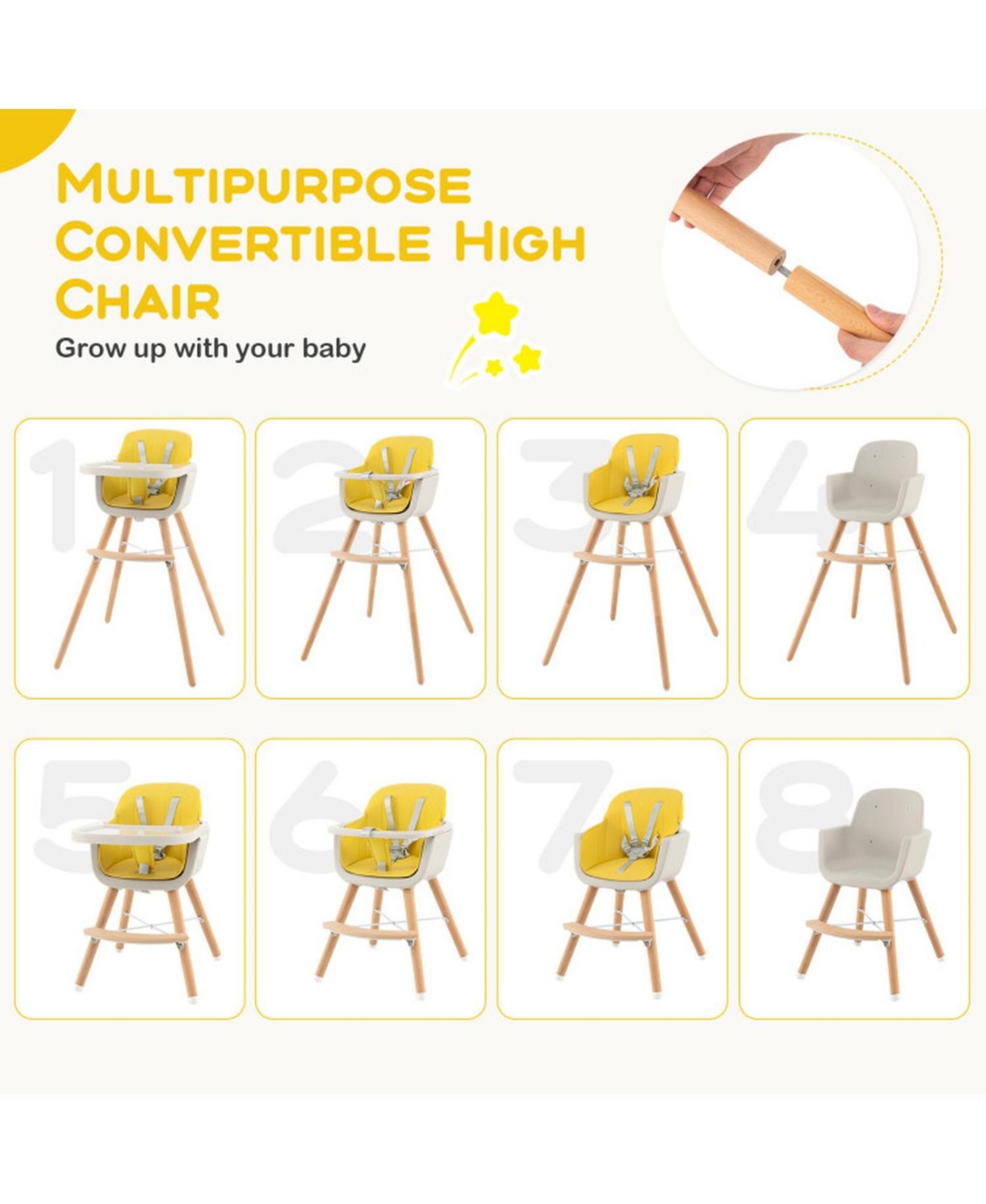 Baby 3-in-1 Convertible Wooden High Chair with Adjustable Tray and 5-Point Harness