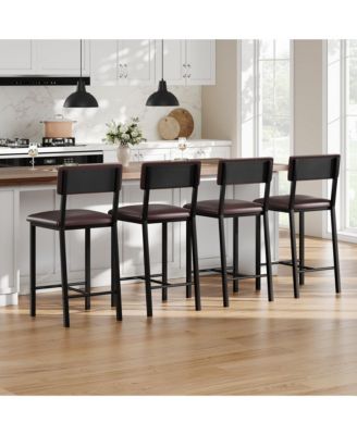 Set of 4 PU Leather Bar Stools with Backrest, Footrest and Cushion