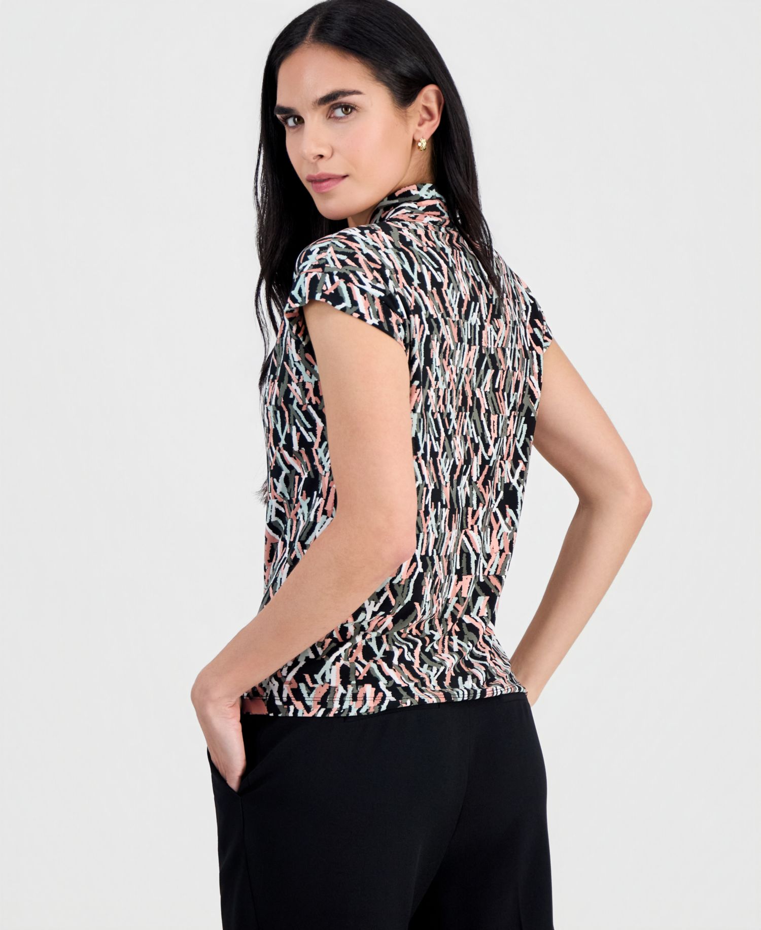 Petite Printed V-Neck Cap-Sleeve Blouse
