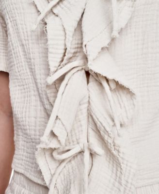 Women's V-Neck Short Puff-Sleeve Tie-Front Shirt