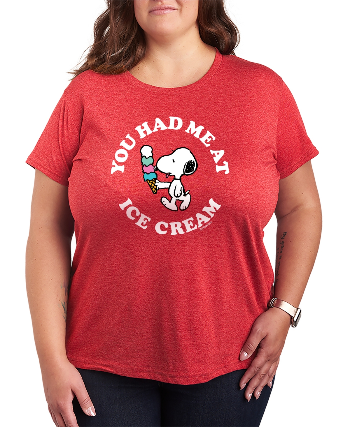 Hybrid Apparel Plus Size Peanuts Summer Love Snoopy and Woodstock Short-Sleeve Graphic T-Shirt - Heather Red