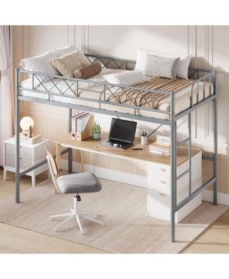 Metal Loft Bed Frame with Guardrail, Ladder and Underbed Clearance, Box Spring Not Required