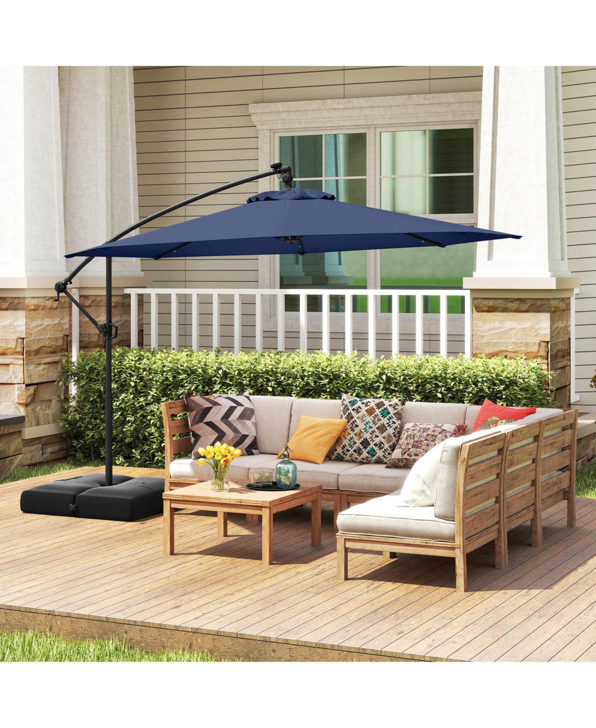 Gymax 10 Ft Solar Offset Hanging Umbrella Patio Cantilever Umbrella w/ 32 Led Lights Outdoor