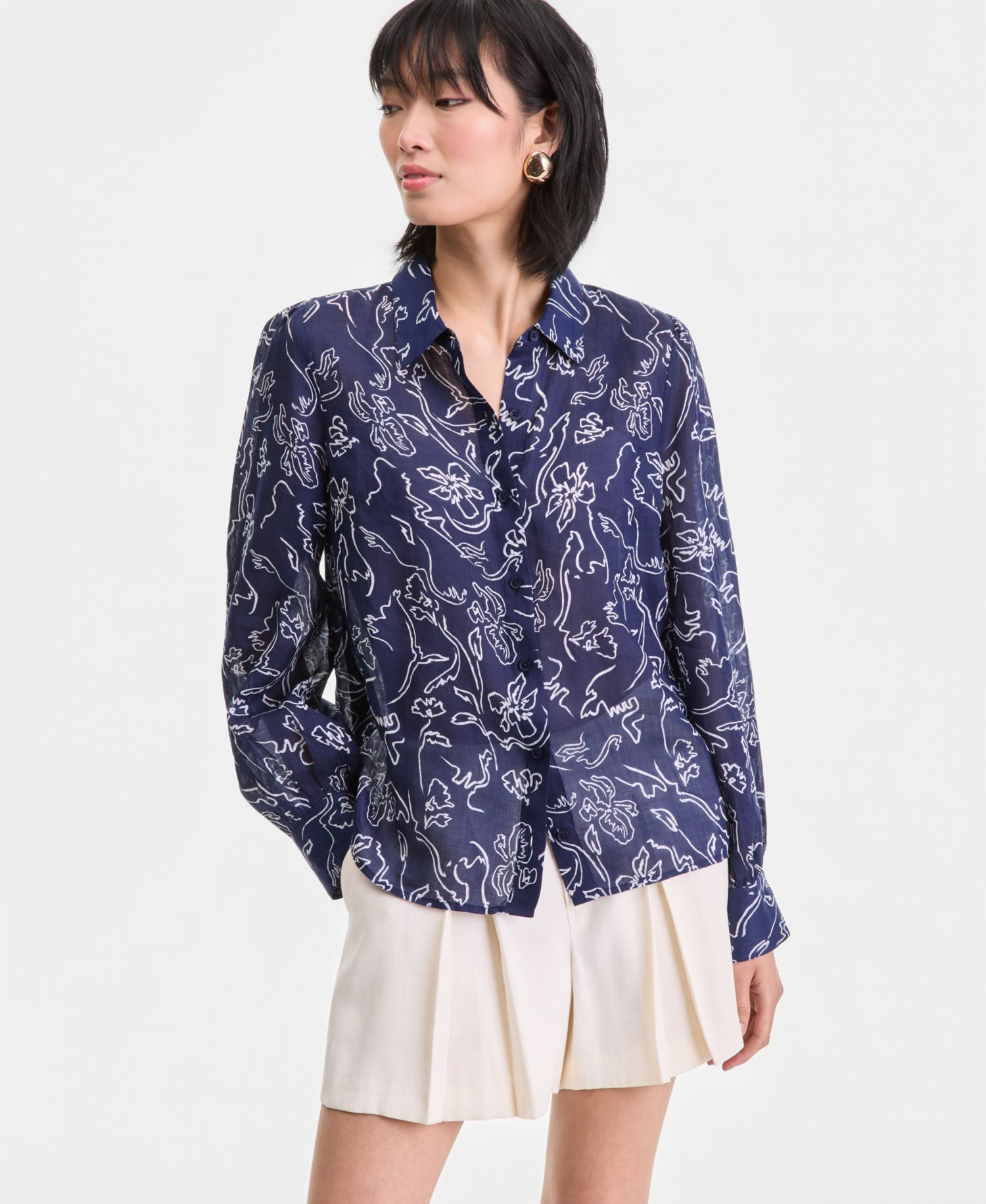 Petite Long Sleeve Printed Ramie Button Down Shirt