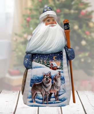Woodcarved and Hand Painted Santa Wolf and Bird Figurine