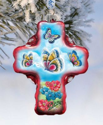 Butterflies Cross Glass Ornament