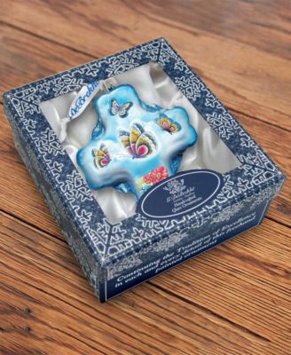 Blue Butterflies Cross Glass Ornament