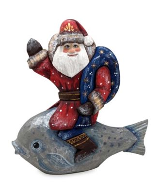 Woodcarved Hand Painted Silver Treasure Fish Santa Figurine