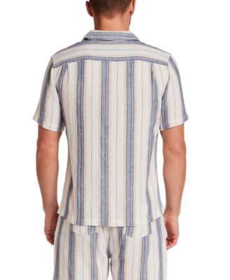 Men's Short-Sleeve Button Down Vertical Stripe Linen Camp Collar Shirt